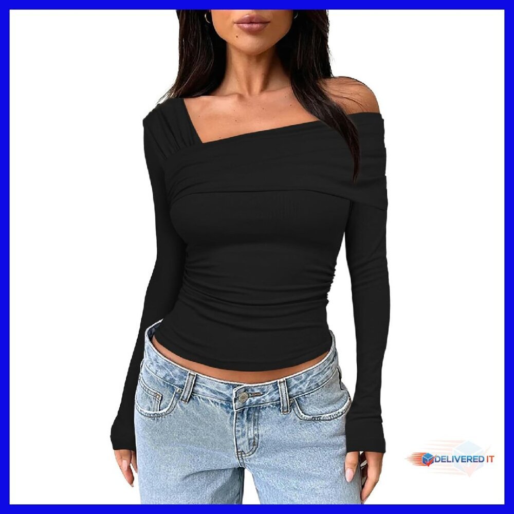 One Shoulder Long Sleeve Crop Top Ruched Waist Slim Fit Y2K Blouse